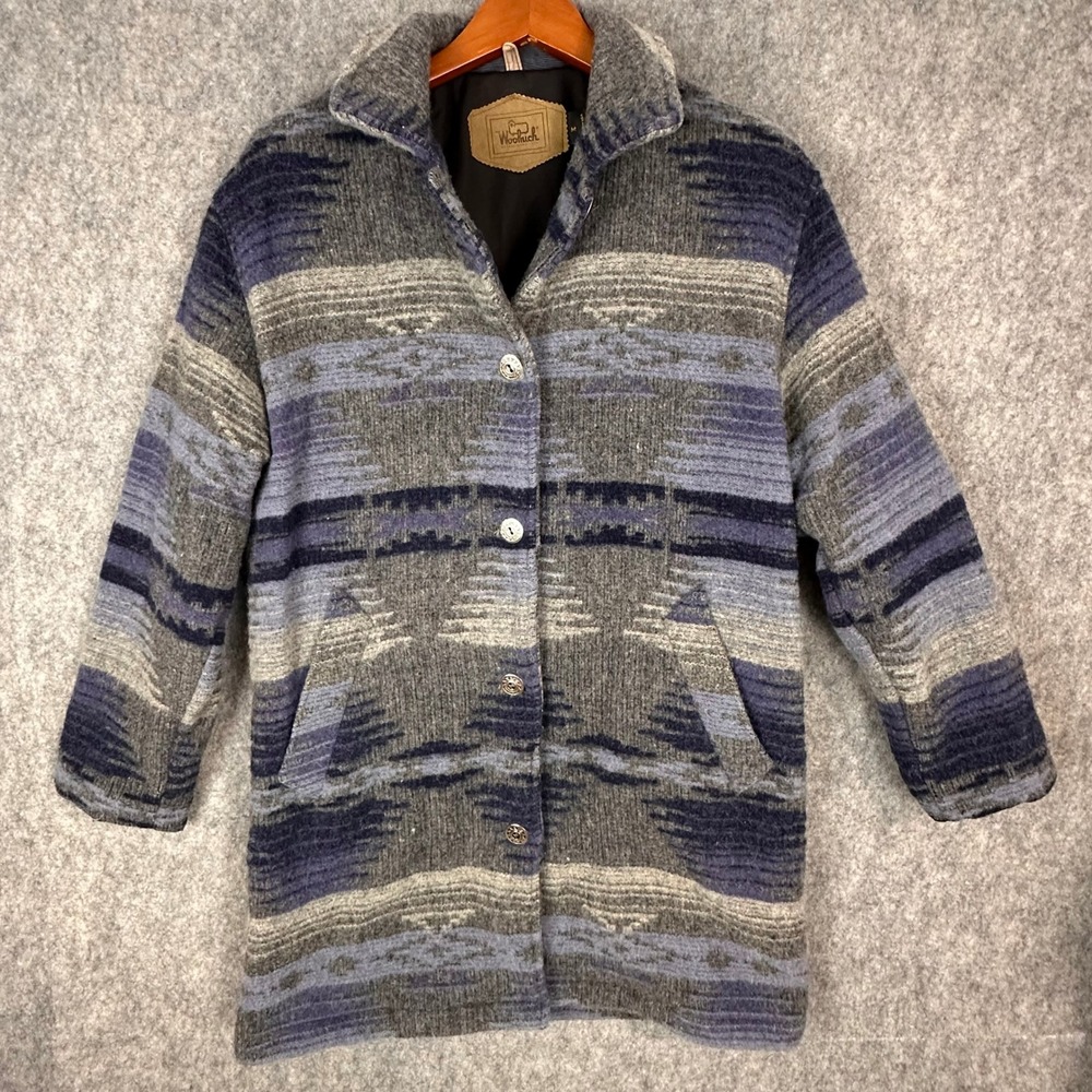 Woolrich Jacket Mens M Blue Aztec Southwestern Wool Blend Button Up Coat 8764